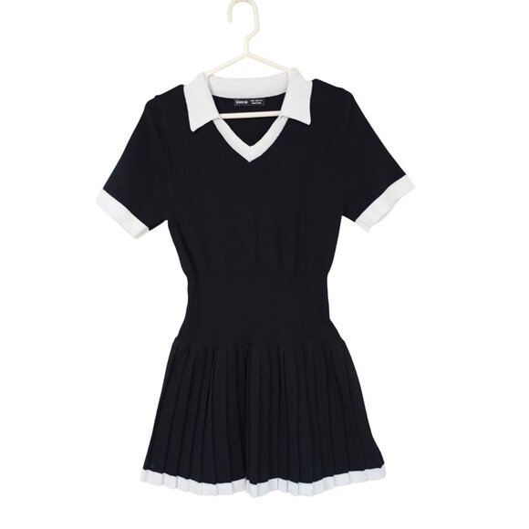 Dress Pleated Knit Black & White Collared Size M Short Sleeve - Picture 1 of 7